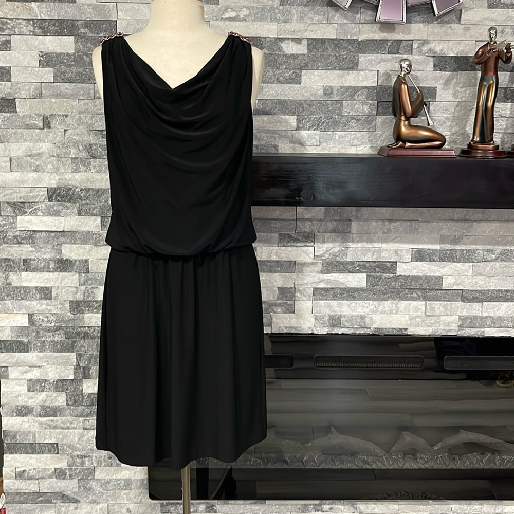 White House Black Market Shoulder Beaded Sheath Black Dress 12 Ruffle